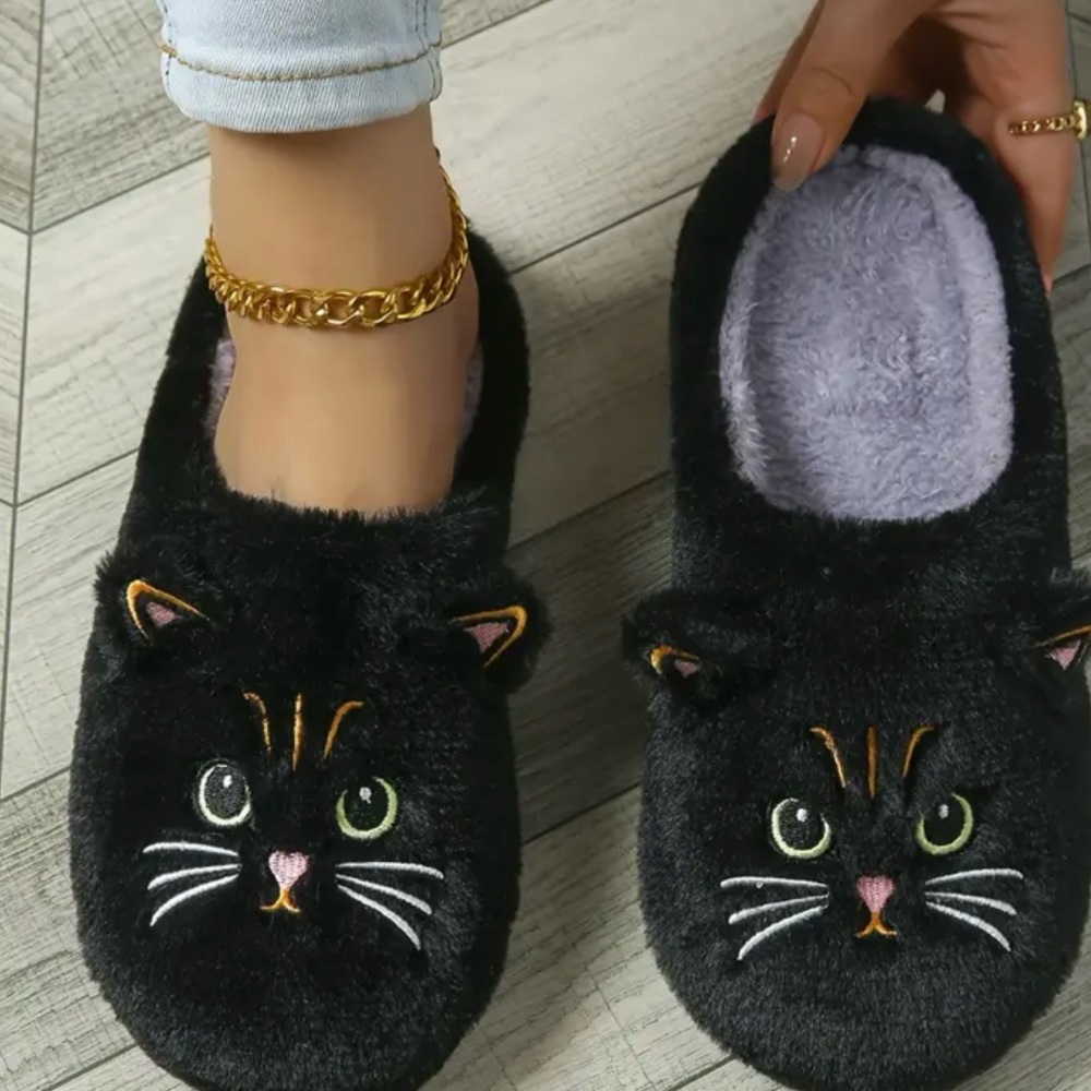Black Fuzzy Cat Slippers - Picture 1 of 5